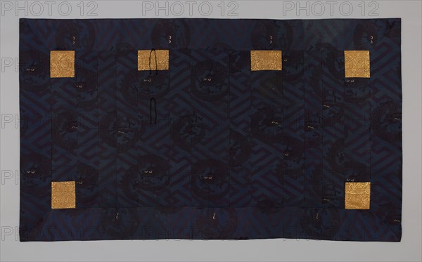 Kesa, late Edo period (1789–1868), c. 1850, Japan, Hiri, yô, jô: Silk and gold-leaf-over-lacquered-paper-strip wrapped silk, warp-float faced 2:1 'Z' twill weave with plain interlacings of secondary binding warps and supplementary patterning and brocading wefts, shiten and niten: Silk and gold-leaf-over-lacquered-paper-strip, warp-float faced 2:1 'Z' twill weave with weft-float faced 1:2 twill interlacings of secondary binding warps and supplementary patterning wefts, lining: silk, 4:1 satin damask weave, stenciled, resist-dyed and painted (tsutugaki-zome), interlining: cotton, plain weave, 189.3 x 109.9 cm (74 1/2  x 43 1/4 in.)