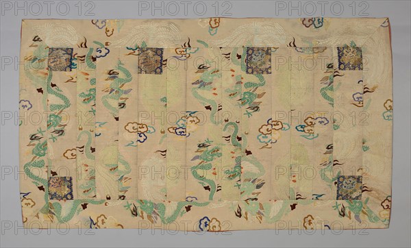 Kesa, Meiji period (1868–1912), 1870/90, Japan, Heri, yô, jô: silk and gold-leaf-over-lacquered-paper-strip, warp-float face 2:1 ‘Z’ twill weave with weft-float faced 1:2 ‘S’ twill interlacings of secondary binding warps and supplementary patterning wefts, lined with silk, plain weave, shiten and niten: silk, cotton and gold-leaf-over-lacquered-paper-strip, warp-float faced 2:1 ‘Z’ twill weave with supplementary brocading weft floats  and patterning wefts bound in weft-float faced 1:2 ‘S’ twill interlacings, lining: silk, plain weave, 113 x 200.2 cm (44 1/2 x 78 7/8 in.)