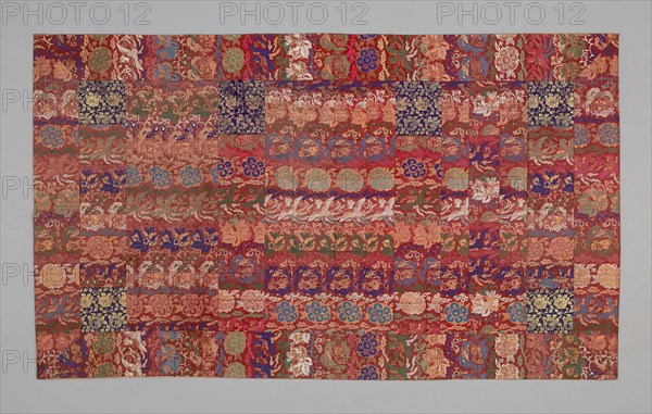 Kesa, late Edo period (1789–1868)/ Meiji period (1868–1912), 1850/90, Japan, Heri, yô, and jô: silk, cotton and gold-leaf-over-lacquered paper strip, twill weave with twill interlacings of secondary binding warps and supplementary patterning wefts, shiten and niten: silk, cotton and gold-leaf-over-lacquered paper strip, twill weave with twill interlacings of secondary binding warps and supplementary patterning wefts, cords: silk, twill oblique interlacing, lining: cotton, weft-faced mixed twill weave self-patterned by main warp and ground weft floats, 114.2 x 193.3 cm (44 15/16 x 76 1/8 in.)