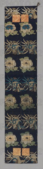 Ôhi (Stole), late Edo period (1789–1868), 1800/68, Japan, Heri, jô: silk and gold-leaf-on-lacquered-paper-strip, warp-float faced 2:1 ‘Z’ twill weave with weft-float faced 1:2 ‘S’ twill interlacings of secondary binding warps and supplementary patterning wefts, shiten: Silk and gold-leaf-over-lacquered-paper-strip, warp-float faced 2:1 ‘Z’ twill weave with weft-float faced 1:2 ‘Z’ twill interlacings of secondary secondary binding warps and supplementary patterning wefts;, 147.3 x 33 cm (58 x 13 in.)