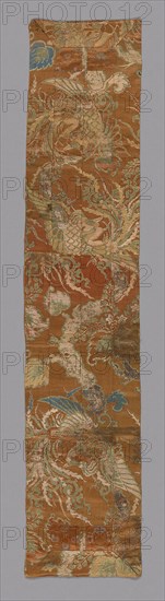 Ôhi (Stole), late Edo period (1789–1868), 1800/68, Japan, Heri, jô: silk and gold-leaf-over-lacquered-paper-strip, warp-float faced 4:1 satin weave with weft-float faced 1:2 ‘Z’  twill interlacings of secondary binding warps and supplementary patterning wefts, shiten: Silk and silver-leaf-over-lacquered-paper-strip, warp-float faced 4:1 satin weave with weft-float faced 1:2 ‘S’ twill interlacings of secondary binding warps and supplementary patterning wefts, lining: silk, plain weave, 146.8 x 30.5 cm (57 3/4 x 12 in.)