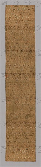 Ôhi (Stole), late Edo period (1789–1868), 1800/68, Japan, Silk, gold-leaf-over-lacquered-paper-strip, warp-float faced 4:1 satin weave with weft-float faced 1:2 ‘Z’ twill interlacings of secondary binding warps and supplementary patterning wefts, lining: silk, plain weave, 171.3 x 32.8 cm (67 1/2 x 12 7/8 in.)