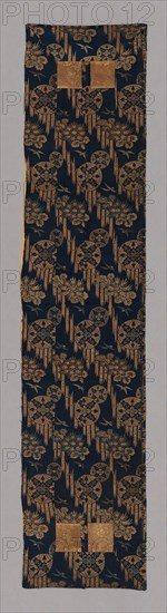 Ôhi (Stole), late Edo period (1789–1868)/early Meiji period (1868–1912), 1800/96, Japan, Heri, jô: silk and gold-leaf-on-lacquered-paper-strip, warp-float faced 4:1 satin weave with plain interlacings of secondary binding warps and supplementary patterning wefts, shiten: silk and gold-leaf-over-lacquered-paper-strip, warp-float faced 2:1 'Z’ twill weave with weft-float faced 1:2 'Z’ twill interlacings of secondary binding warps and supplementary patterning wefts, lining: silk, plain weave, 139.4 x 31.1 cm (54 7/8 x 12 1/4 in.)