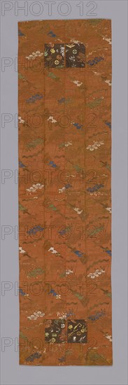 Ôhi (Stole), late Edo period (1789–1868), 1800/68, Japan, Heri, jô: silk and gold-leaf-on-lacquered-paper-strip, plain weave with plain interlacings of secondary binding warps and supplementary patterning wefts, shiten: silk and gold-leaf-over-lacquered-paper-strip, warp-float faced 2:1 'Z’ twill weave with supplementary patterning weft floats and some supplementary patterning wefts bound in weft-float faced 1:2 'Z’ twill interlacings, lining: silk, plain weave, 115 x 31.1 cm (45 1/4 x 12 1/4 in.)