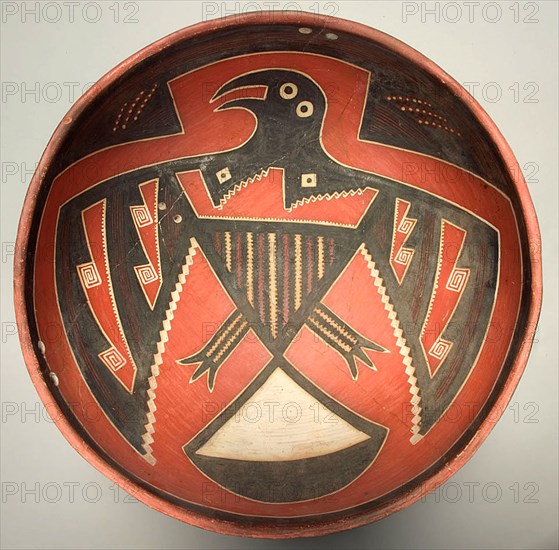 Bowl Depicting a Bird with Outstretched Wings, 1300/1400, Four Mile Polychrome, White Mountain Red Ware, Cibola region, east-central Arizona, United States, Arizona, Ceramic and pigment, 14 × 30.8 cm (5 1/2 × 12 1/8 in.)