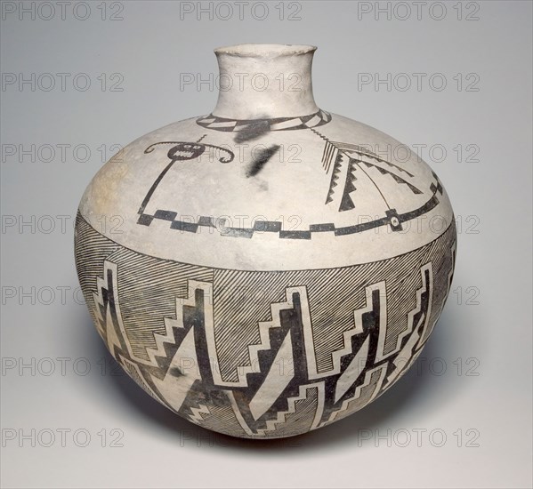 Jar with Horned Serpents and Interlocking, Hatched-and-Black Stepped Designs, 950/1400, Ancestral Pueblo (Anasazi), Socorro Black-on-white, West-central New Mexico, United States, New Mexico, Ceramic and pigment, 42.6 × 41.3 cm (16 3/4 × 16 1/4 in.)