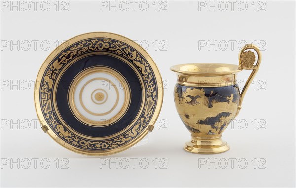 Cup and Saucer, c. 1820, Denuelle Porcelain Manufactory (French, 1818-1829), France, Paris, Paris, Hard-paste porcelain, polychrome enamels, and gilding, Cup: 11 cm (4 5/16 in.), Saucer: 13.5 cm (5 5/16 in.)