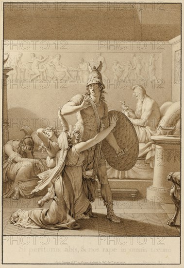 Creusa Pleads with Aeneas as He Leaves for War, 1803, Jean Michel Moreau, French, 1741-1814, France, Pen and brown ink, brush and brown wash, on cream wove paper, 226 × 155 mm (image), 322 × 231 mm (sheet), Shepherd Chases Away Wolf, from The Pastorals of Virgil, 1821, William Blake, English, 1757-1827, England, Wood engraving on off-white wove paper, 35 × 73 mm (image), 37 × 77 mm (sheet)