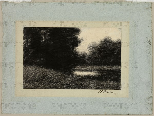 Landscape with a Pond, c. 1879, Jean-Jacques Henner, French, 1829-1905, France, Black chalk on ivory laid paper laid down on blue laid paper partially discolored to tan, 95 × 153 mm