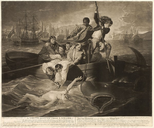 A Youth Rescued from a Shark, 1779, Valentine Green (English, 1739-1813), after John Singleton Copley (American, 1738-1815), England, Mezzotint on ivory laid paper, 504 × 609 mm (plate/sheet, sheet cut within plate)