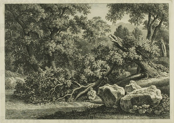 Landscape with Pan Playing a Flute, 1795, Johann Christian Reinhart, German, 1761-1847, Germany, Etching on ivory laid paper, 194 × 277 mm (image), 206 × 287 (plate), 375 × 501 mm (sheet)