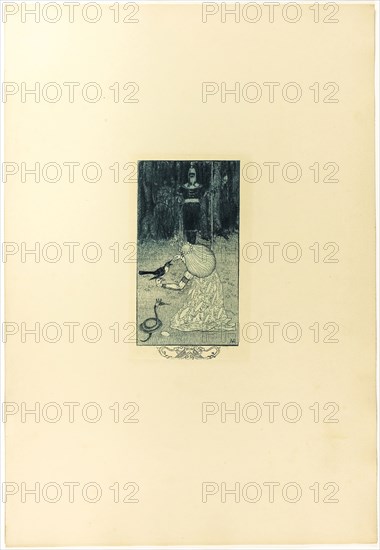 The Snake Bride, 1895, Heinrich Johann Vogeler, German, 1872- 1942, Germany, Etching with blue ink on cream wove paper, 186 × 95 mm (image), 193 × 113 mm (plate), 510 × 350 mm (paper)