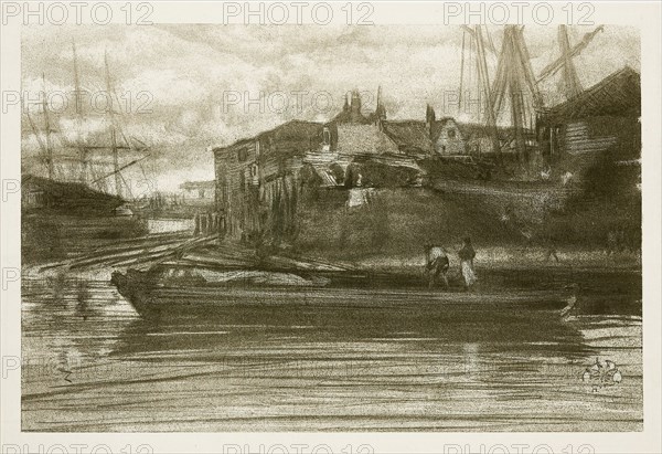 Limehouse, 1878, published 1887, James McNeill Whistler, American, 1834-1903, United States, Lithotint, on a prepared half-tint ground, in black with scraping and incising, on cream chine, laid down on ivory plate paper, 172 x 264 mm (image), 192 x 280 mm (primary support), 348 x 482 mm (secondary support)