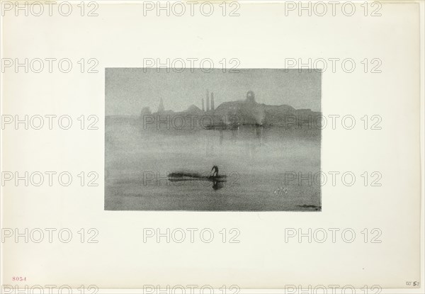 Nocturne, 1878, published 1887, James McNeill Whistler, American, 1834-1903, United States, Lithotint, on a prepared half-tint ground, in black with scraping, on blue laid paper, laid down on ivory plate paper (chine collé), 171 x 259 mm (image), 170 x 258 mm (primary support), 341 x 498 mm (secondary support)