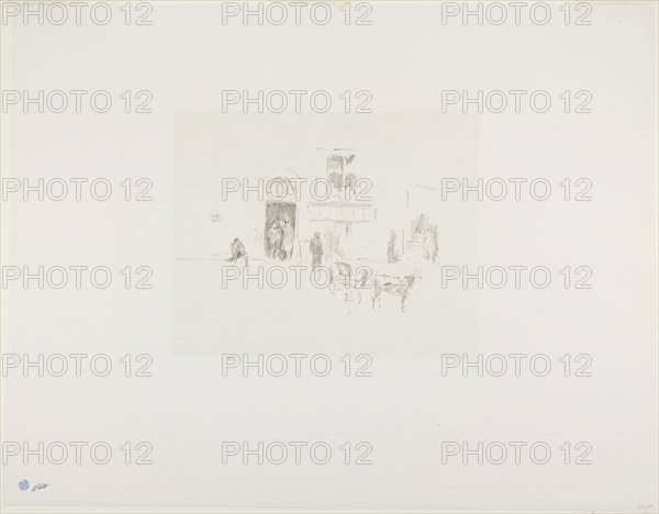 Gaiety Stage Door, 1879, published 1887, James McNeill Whistler, American, 1834-1903, United States, Transfer lithograph in black with scraping, on cream chine, laid down on off-white plate paper, 123 x 195 mm (image), 182 x 226 mm (primary support), 374 x 478 mm (secondary support)