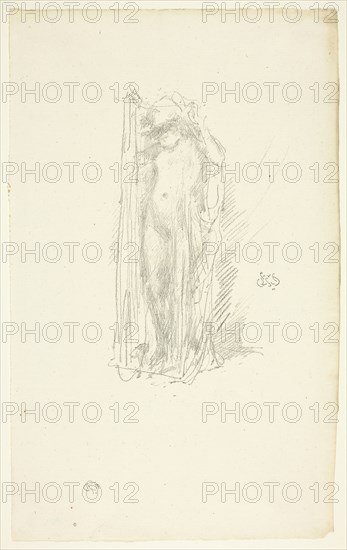 Model Draping, probably 1889, James McNeill Whistler, American, 1834-1903, United States, Transfer lithograph in black on cream laid paper, 196 x 112 mm (image), 331 x 206 mm (sheet)