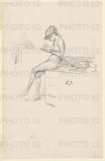 The Little Nude Model, Reading, 1889/90, James McNeill Whistler, American, 1834-1903, United States, Transfer lithograph in black on ivory laid paper, 167 x 179 mm (image), 320 x 205 mm (sheet)