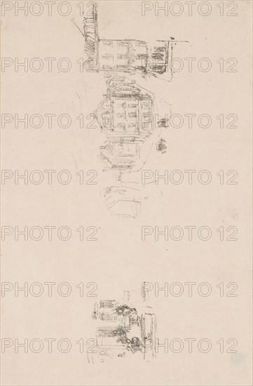 Two Trial Sketches: A. Grande Rue, Dieppe, B. An Interior, probably 1891, printed posthumously, James McNeill Whistler, American, 1834-1903, United States, Transfer lithograph in black on cream wove Japanese vellum, 72 x 216 mm (image), 153 x 232 mm (sheet)