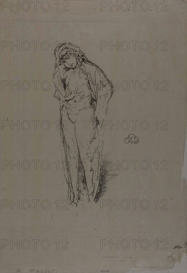 Draped Figure, Standing, 1891, James McNeill Whistler, American, 1834-1903, United States, Transfer lithograph in black on cream Japanese gampi paper hinged at top margin to cream laid Japanese paper, 219 x 112 mm (image), 368 x 255 mm (primary support), 400 x 290 mm (secondary support)