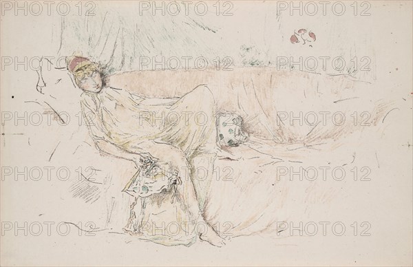 Draped Figure, Reclining, 1892, James McNeill Whistler, Printed by Henry Belfond, American, 1834-1903, United States, Transfer lithograph from five stones, in black (keystone), bluish-green, olive green, yellowish green, yellow, purple-brown, pale ochre, orange-red, and rose on ivory laid paper, 180 x 258 mm (image), 187 x 288 mm (sheet)
