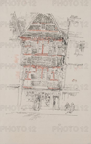 Red House, Paimpol, 1893, James McNeill Whistler, Printed by Henry Belfond, American, 1834-1903, United States, Transfer lithograph from three stones, in black (keystone), red, and gray inks, with scraping, on cream Japanese paper, 227 x 162 mm (image), 238 x 162 mm (image, with registration marks), 317 x 203 mm (sheet)