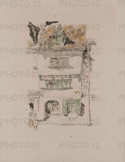 Yellow House, Lannion, 1893, James McNeill Whistler, American, 1834-1903, United States, Transfer lithograph from four stones, in black (keystone), green, yellow, and gray, with scraping, on cream wove Japanese vellum, 242 x 162 mm (image), 358 x 278 mm (sheet)