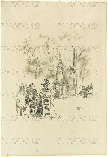 Conversation under the Statue, Luxembourg Gardens, 1893, James McNeill Whistler, American, 1834-1903, United States, Transfer lithograph in black with stumping, on cream laid paper, 170 x 154 mm (image), 294 x 200 mm (sheet)