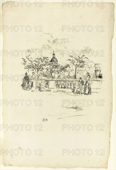 The Pantheon, from the Terrace of the Luxembourg Gardens, 1893, James McNeill Whistler, American, 1834-1903, United States, Transfer lithograph in black with stumping, on cream laid paper, 182 x 160 mm (image), 324 x 220 mm (sheet)