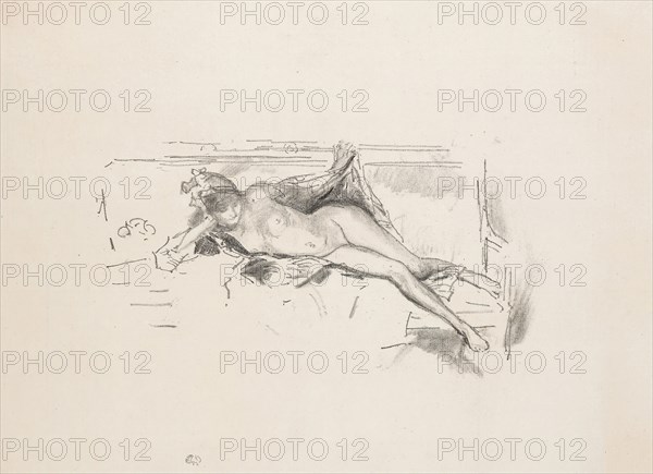 Nude Model, Reclining, 1893, James McNeill Whistler, American, 1834-1903, United States, Transfer lithograph in black, with stumping, on ivory laid paper, 115 x 214 mm (image), 245 x 366 mm (sheet)