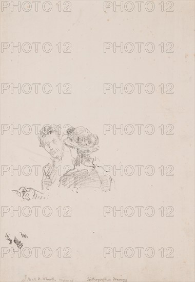 Sketch: Self-Portrait with Miss R. Birnie Philip, 1895, printed posthumously, James McNeill Whistler, American, 1834-1903, United States, Transfer lithograph in black on cream wove proofing paper, 73 x 102 mm (image), 124 x 112 (image, with crayon trials and stray marks), 286 x 228 mm (sheet)