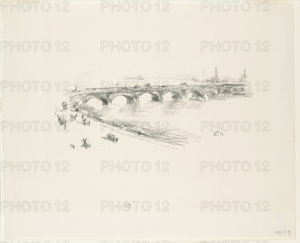 Evening, Little Waterloo Bridge, 1896, James McNeill Whistler, American, 1834-1903, United States, Transfer lithograph in black with stumping, on cream laid paper, 93 x 194 mm (image), 229 x 283 mm (sheet)