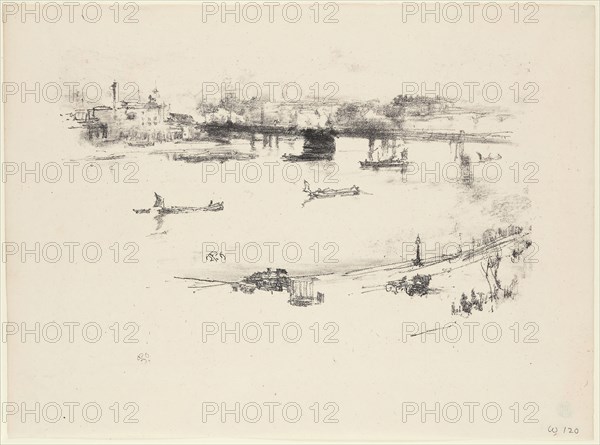 Charing Cross Railway Bridge, 1896, James McNeill Whistler, American, 1834-1903, United States, Transfer lithograph in black with stumping, scraping, and incising, on cream laid paper, 130 x 216 mm (image), 198 x 270 mm (sheet)