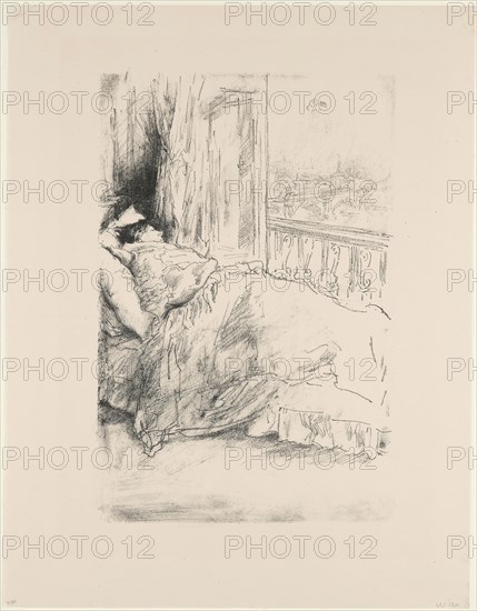 By the Balcony, 1896, James McNeill Whistler, American, 1834-1903, United States, Transfer lithograph in black with stumping and scraping, on cream wove proofing paper, 217 x 142 mm (image), 286 x 222 mm (sheet)