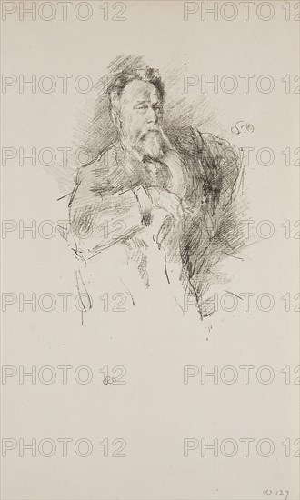 Sketch of William E. Henley, 1896, James McNeill Whistler, American, 1834-1903, United States, Transfer lithograph in black with stumping, on ivory laid paper, 172 x 132 mm (image), 302 x 183 mm (sheet)