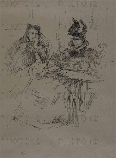 Afternoon Tea, 1897, James McNeill Whistler, American, 1834-1903, United States, Transfer lithograph in black on tan laid Japanese vellum, 185 x 157 mm (image), 397 x 242 mm (sheet)