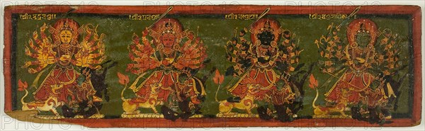 Manuscript Cover from a Copy of the Devimahatmiya with Goddess Durga, Slayer of the Buffalo Demon (Mahishasuramardini), 18th century, Nepal, Nepal, Pigments on wood, 9.8 x 32.8 x 0.9 cm (3 7/8 x 12 7/8 in.)