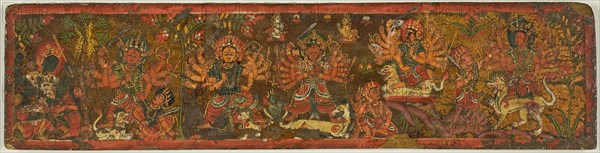 Manuscript cover with God Vishnu and Goddess Durga on a Snow Lion, 18th century, Nepal, Nepal, Pigments on wood, 9.5 x 38 cm (3 3/4 x 15 in.)