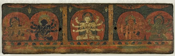 Manuscript Cover of the Five Protective Hymns (Pancharaksha) with the Five Protective Goddesses, 13th century, Nepal, Nepal, Pigments, metallic paint on wood, and metal, 9 x 30 x 2.2 cm (3.5 x 11.8 x 1 in.)