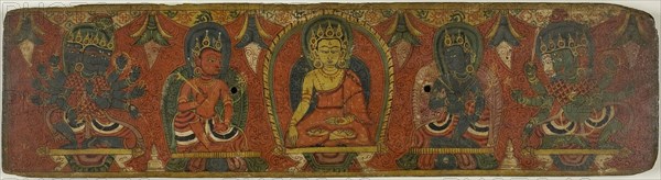 Manuscript Cover with Buddha, Two Bodhisattvas and Two Protective Deities (Lokapalas), c. 1575, Nepal, Nepal, Pigments on wood, 12.2 x 45.7 x 1.8 cm (4 7/8 x 18 x 3/4 in.)