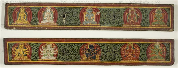 Pair of Manuscript Covers from the Pancharaksha Depicting the Five Protective Goddesses, 15th century, Nepal, Nepal, Pigments and metallic paint on wood, 5.1 x 34.6 x 0.6 cm (2 x 13 5/8 x 1/4 in.)
