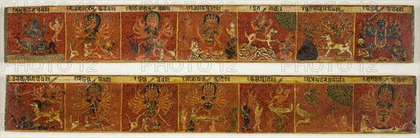 Pair of Manuscript Covers Depicting Scenes from the Devimahatmya, late 17th century, Nepal, Nepal, Pigments and metallic paint on wood, 5.1 x 34.6 x 0.6 cm (2 x 13 5/8 x 1/4 in.)