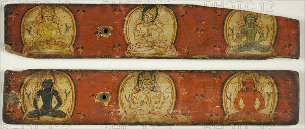Pair of Manuscript Covers Depicting the Five Transcendant Buddhas with the White Vairocana at the Center, 12th century, Nepal, Nepal, Pigments and metallic paint on wood, 5.5 x 28.4 x 0.9 cm (2 1/8 x 11 3/16 x 1/16 in.)