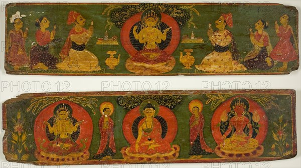 Pair of Manuscript Covers Depicting Buddha Flanked by Monks and  Deities, c. 17th century, Nepal, Nepal, Pigments and metallic paint on wood, 10.2 x 41.1 x 1.4 cm (4 x 16 3/16 x 9/16 in.)