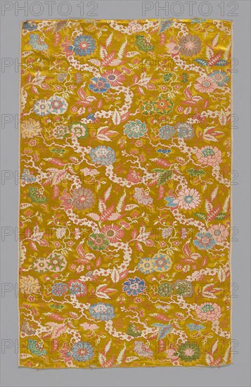 Panel (Dress Fabric), Qing dynasty (1644–1911), Mid–18th century, China, Silk, satin weave with brocading wefts and self-patterning complementary ground wefts bound in twill interlacings and self-patterned by areas of plain weave, 92.1 × 57 cm (36 1/4 × 22 1/2 in.)