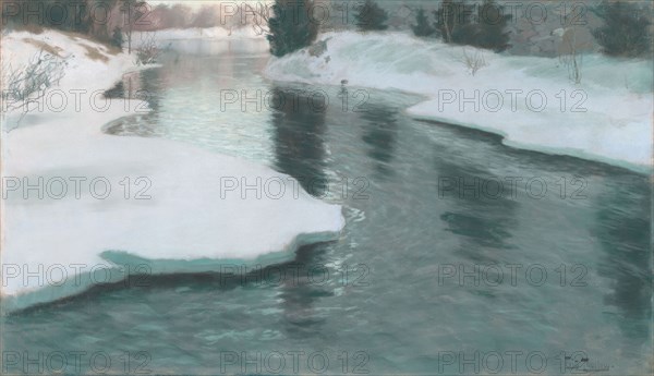 Melting Snow, 1887, Frits Thaulow, Norwegian, 1847-1906, Norway, Pastel on tan wove paper, laid down on canvas and wrapped around a strainer, 546 x 946 mm