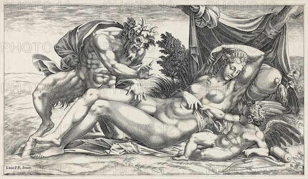 Jupiter and Antiope, 1550/59, René Boyvin (French, c. 1525-after 1580), after Luca Penni (Italian, 1500/04-1557), France, Engraving on ivory laid paper, edge-mounted to ivory laid paper, 162 × 286 mm (image), 166 × 288 mm (sheet), 252 × 367 mm (secondary support)