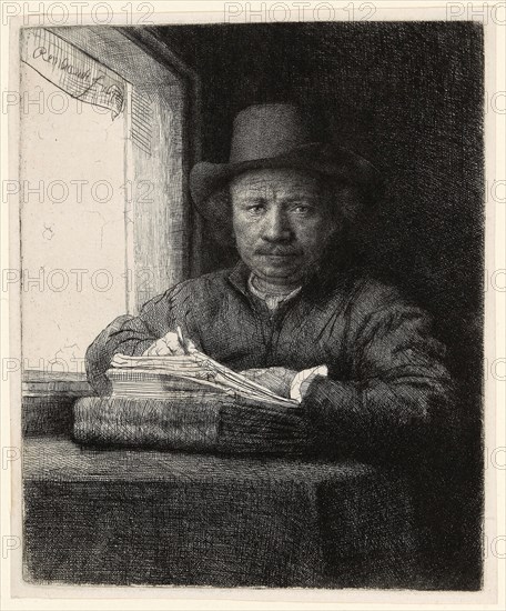 Self-Portrait Etching at a Window, 1648, Rembrandt van Rijn, Dutch, 1606-1669, Netherlands, Etching, drypoint and burin in black on ivory laid paper, 156 x 130 mm (image/plate), 165 x 136 mm (sheet)