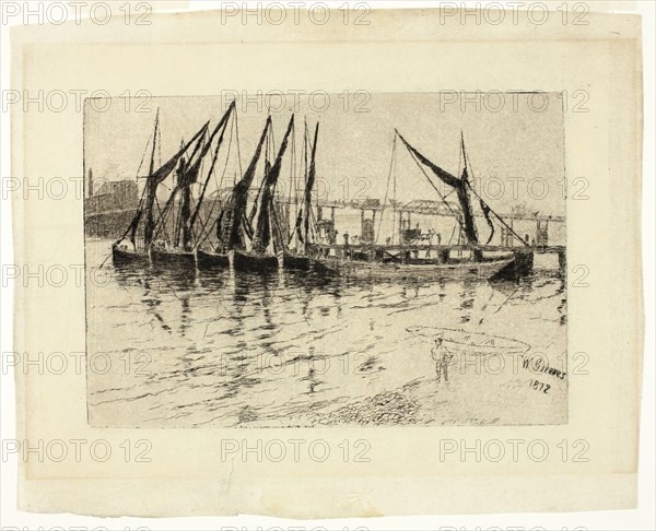 Coal Barges Unloading (recto), Sketch of a Building (verso), 1872 (recto), n.d. (verso), Walter Greaves, English, 1846-1930, United Kingdom, Etching and drypoint in black, with touches of pen and black ink (recto) and black chalk (verso), on cream laid paper, 214 x 264 mm