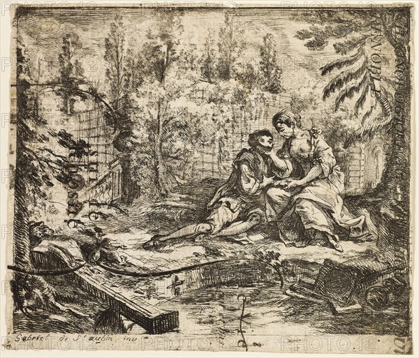 Gallant Conversation, c. 1757, Gabriel-Jacques de Saint-Aubin, French, 1724-1780, France, Etching on ivory laid paper, 100 × 117 mm (image/plate/sheet)