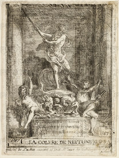 The Anger of Neptune Fountain, 1767, Gabriel Jacques de Saint-Aubin (French, 1724-1780), after a fountain by Jacques-François Blondel (French, 1705-1774), France, Etching on ivory laid paper, 107 × 80 mm (image/plate), 110 × 82 mm (sheet)